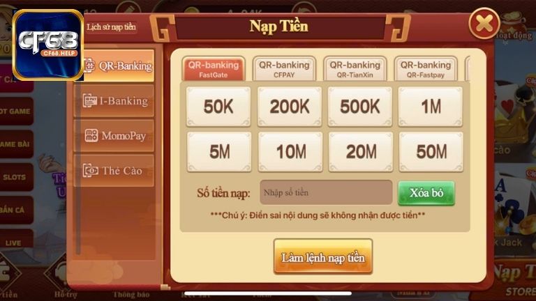 Hướng dẫn nạp tiền CF68 QR Banking nhanh chóng tiện lợi