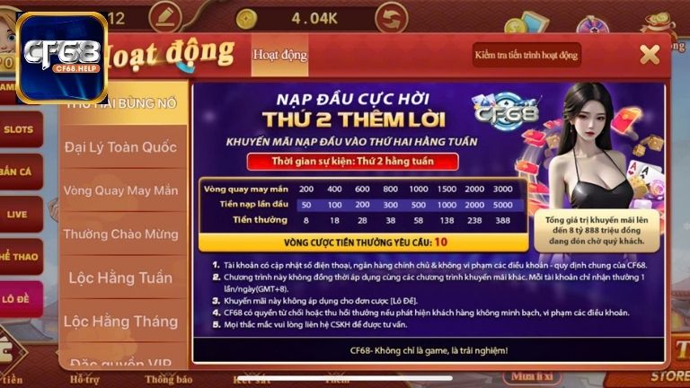 Nạp tiền vào CF68 anh em có cơ hội nhận lại nhiều thưởng lớn