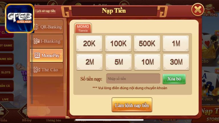 Sử dụng Momo Pay nạp tiền vào CF68 chưa bao giờ dễ đến thế