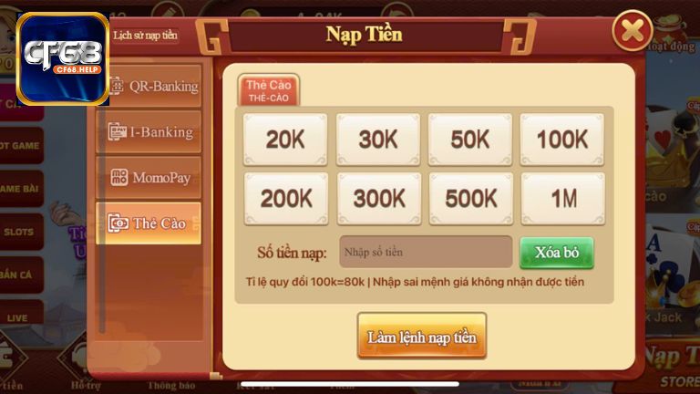 Sử dụng thẻ cào hỗ trợ nạp tiền vào CF68 qua nhiều nhà mạng